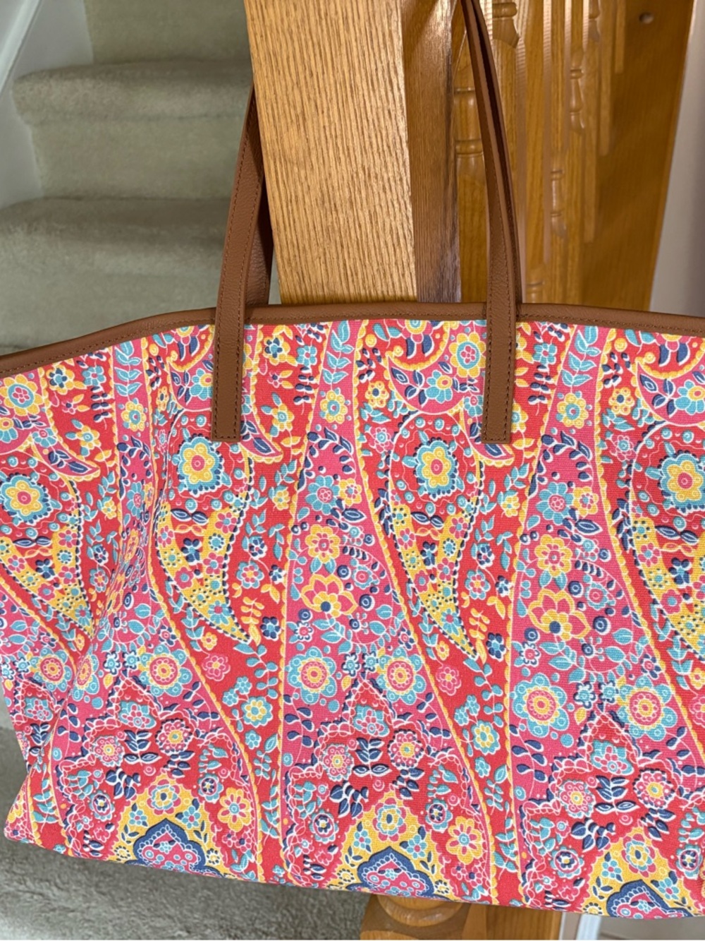 Printed Floral Tote Bag - Brown Handles
